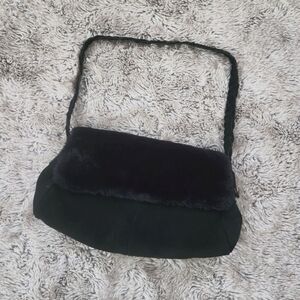 dennis basso Faux‎ Fur Shearling Trim Suede Braided Strap Shoulder Bag Black
